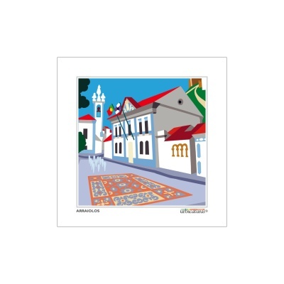 Ilustração estilizada de ruas de Arraiolos com padrões alfombrados no chão