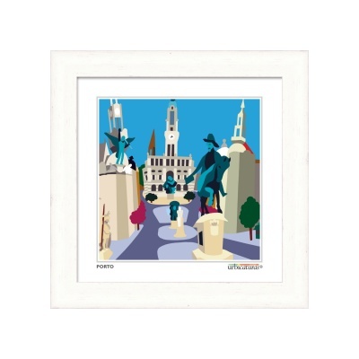 Ilustração colorida de estátuas e edifícios em Porto em moldura branca