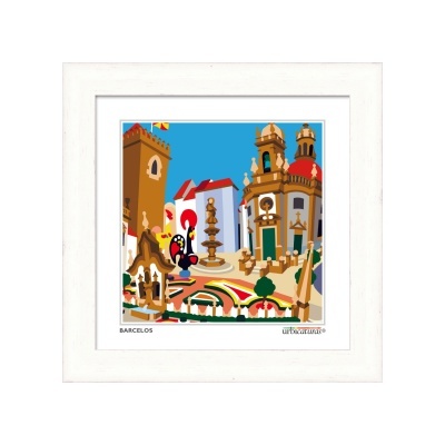 Quadro emoldurado com ilustração urbana de Barcelos com cores vibrantes e elementos arquitetónicos típicos
