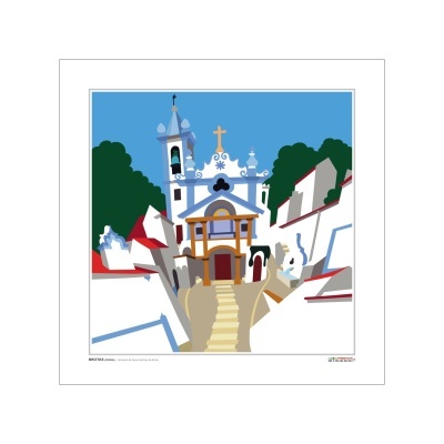 Ilustração estilizada de igreja e edifícios em fundo azul