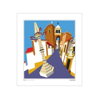 Ilustração digital de praça com coluna central inclinada e edifícios coloridos