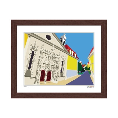 Quadro com ilustração colorida de rua e edifício histórico com fachada branca e portas vermelhas