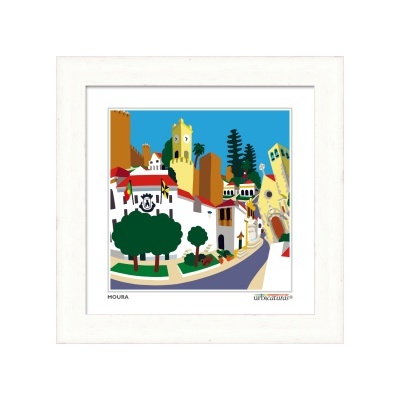 Ilustração colorida da cidade de Moura em moldura branca