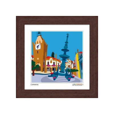 Quadro com imagem estilizada de praça em Caminha com torre de relógio e fonte azul