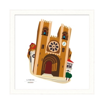 Ilustração emoldurada de uma catedral em Lisboa com torres e relógio