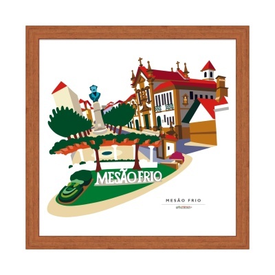 Imagem digital estilizada de cidade com texto MESÃO FRIO e moldura de madeira.