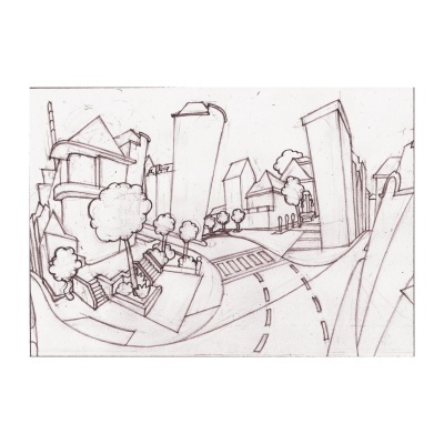 Desenho a lápis de rua com edifícios, árvores e passadeira