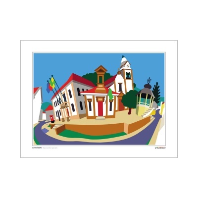 Ilustração digital de edifícios coloridos numa praça urbana com céu azul