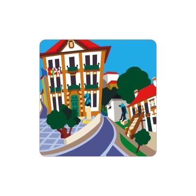 Ilustração de rua com edifícios coloridos, árvores e céu azul