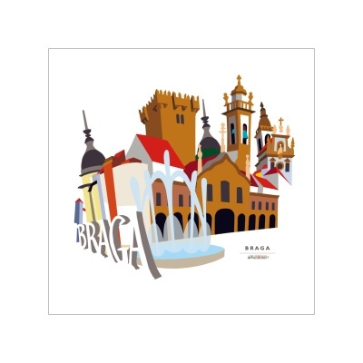 Ilustração colorida de edifícios históricos e fonte com texto BRAGA numa composição artística