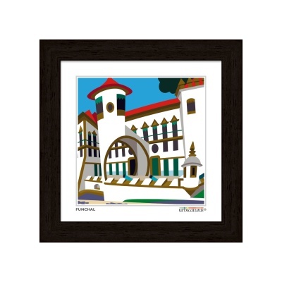 Ilustração digital colorida de edifício com torres em moldura preta