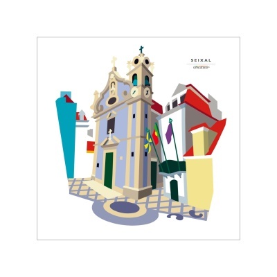 Ilustração colorida de uma igreja e edifícios em Seixal