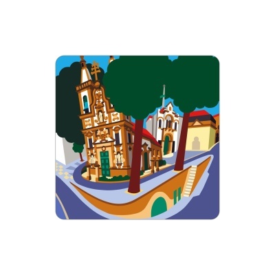 Ilustração colorida de edifícios históricos com árvores e céu azul