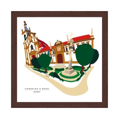 Ilustração gráfica de edifícios com torre e relógio em CONDEIXA-A-NOVA