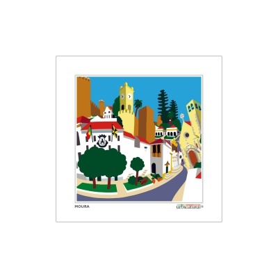 Ilustração colorida de paisagem urbana com castelo e árvores