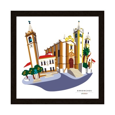 Gravura ilustrativa da cidade de Arronches com edifícios coloridos