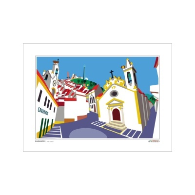 Ilustração colorida de vila com casas brancas, telhados vermelhos e igreja amarela