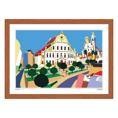 Ilustração colorida de edifícios históricos com árvores e moldura de madeira