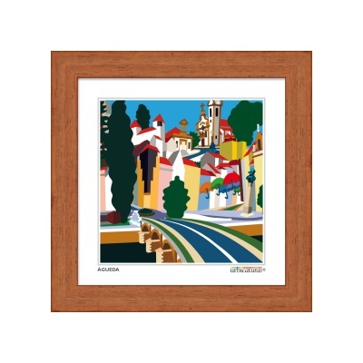 Imagem quadriculada de cidade com casas coloridas e ponte emoldurada em madeira castanha