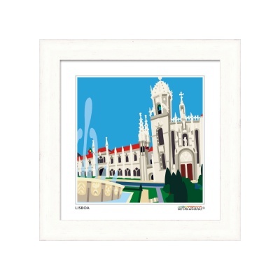 Gravura digital do Mosteiro dos Jerónimos em Lisboa com moldura branca