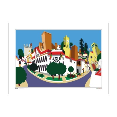 Ilustração colorida de cidade com edifícios e árvores