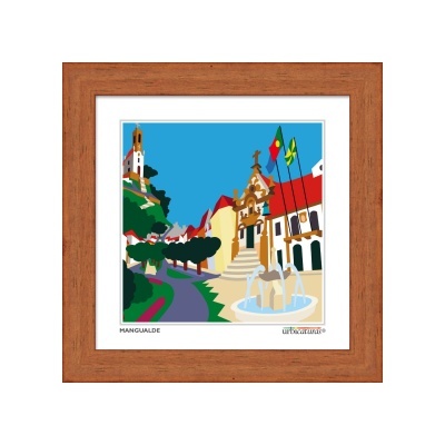 Imagem estilizada de Mangualde com elementos coloridos e moldura de madeira clara