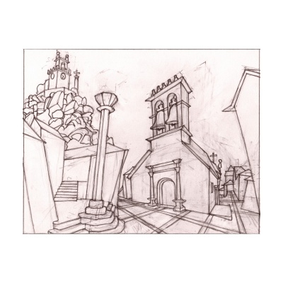 Desenho a lápis de uma igreja e edifícios históricos num cenário urbano