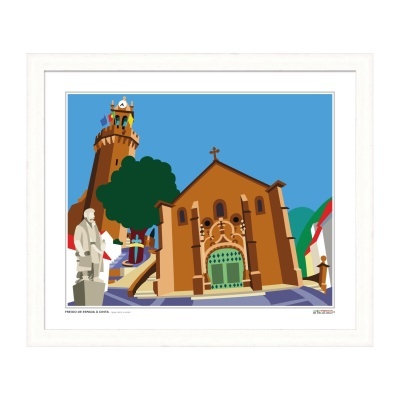 Ilustração digital de edifício histórico com torre e estátua em ambiente urbano