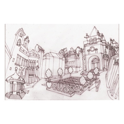 Desenho urbano em linhas marrons com árvores e palavra 'EVAS'