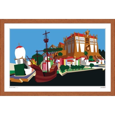 Ilustração digital de cenário histórico com navio e edifícios em moldura de madeira