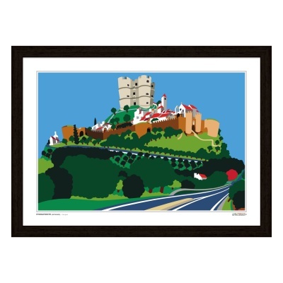Quadro ilustrativo de castelo com casas e estrada em primeiro plano