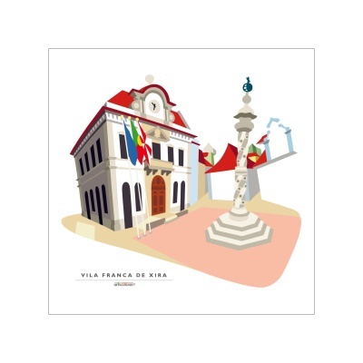 Ilustração de edifícios em Vila Franca de Xira com fontes e bandeiras coloridas