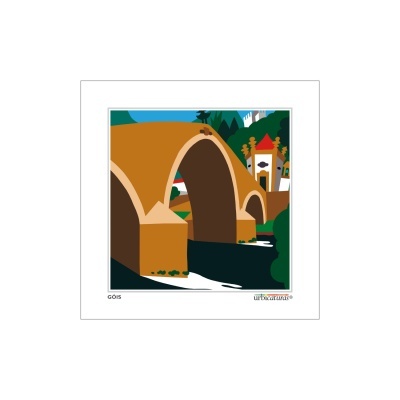 Ilustração de ponte de pedra em cartão branco com texto GOIS e urbanaura