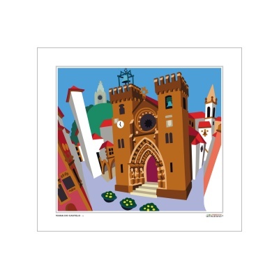 Ilustração estilizada de uma igreja castanha com torres e prédios ao fundo.