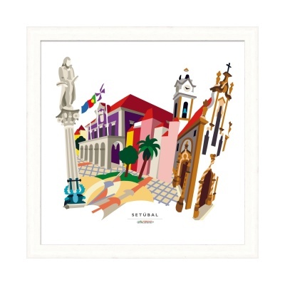 Ilustração colorida de monumentos históricos de Setúbal com moldura branca