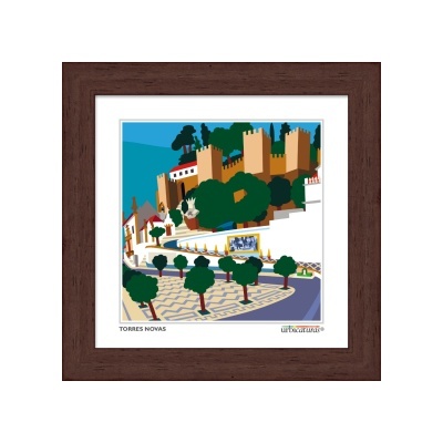 Quadro decorativo com ilustração colorida de castelo e árvores, moldura castanha