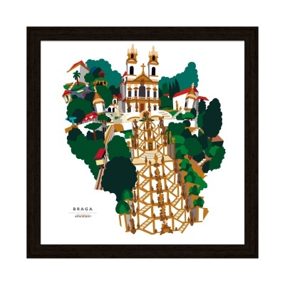Ilustração colorida do Bom Jesus do Monte em Braga, com moldura preta