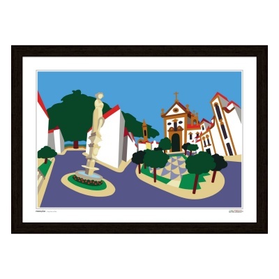 Ilustração estilizada de praça com casas brancas e telhados vermelhos, fonte e igreja.