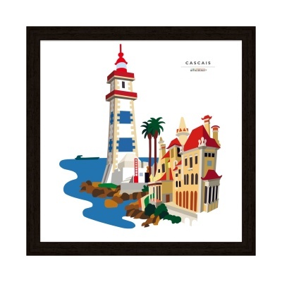 Quadro ilustrativo de farol e edifícios com palmeiras em moldura preta