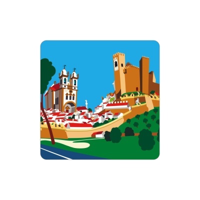 Ilustração cidade histórica com igreja e castelo, casas brancas e telhados vermelhos