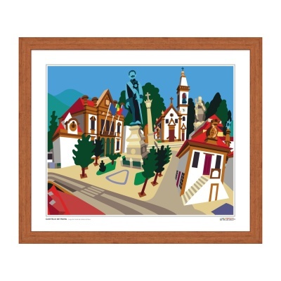 Ilustração colorida de praça histórica Castelo de Paiva emoldurada