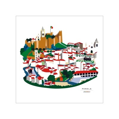 Ilustração colorida da vila de Penela com castelo e casas brancas com telhados vermelhos