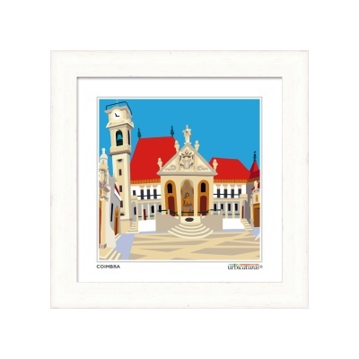 Imagem gráfica da Universidade de Coimbra com telhado vermelho e torre com relógio