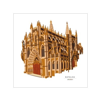 Ilustração da igreja de Batalha em estilo gótico com texto BATALHA