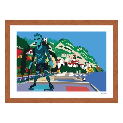 Gravura emoldurada da estátua de Cristiano Ronaldo em Funchal com paisagem colorida atrás