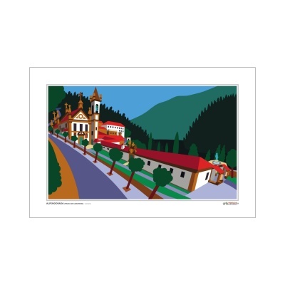 Ilustração digital de vila montanhosa com igreja, casas e estradas rodeada de árvores e montanhas