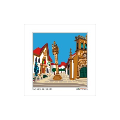 Postal gráfico da Vila Nova de Foz Côa com edifícios históricos e coluna central