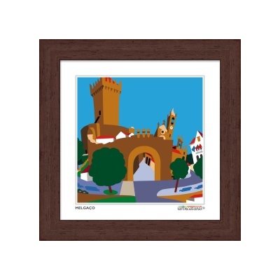 Ilustração digital do castelo e ponte de Melgaço em moldura de madeira castanha