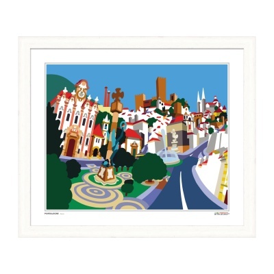 Quadro ilustrativo de cidade colorida com edifícios históricos e jardins