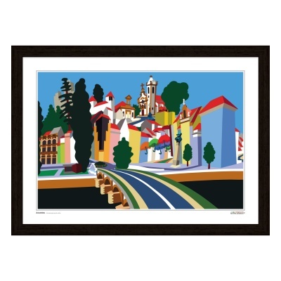 Pôster ilustrativo colorido de vila com moldura preta